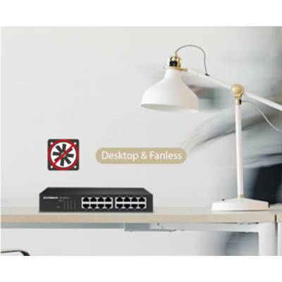 Ein schwarzer Netzwerk-Switch mit mehreren Ethernet-Ports steht auf einem Tisch neben einer weißen Lampe. Text: 'Desktop & Fanless'.