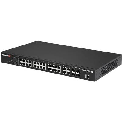 Ein schwarzer Netzwerk-Switch mit 24 Ethernet-Ports und zusätzlichen SFP-Ports, geeignet für die Verwaltung von Netzwerkkonnektivität.