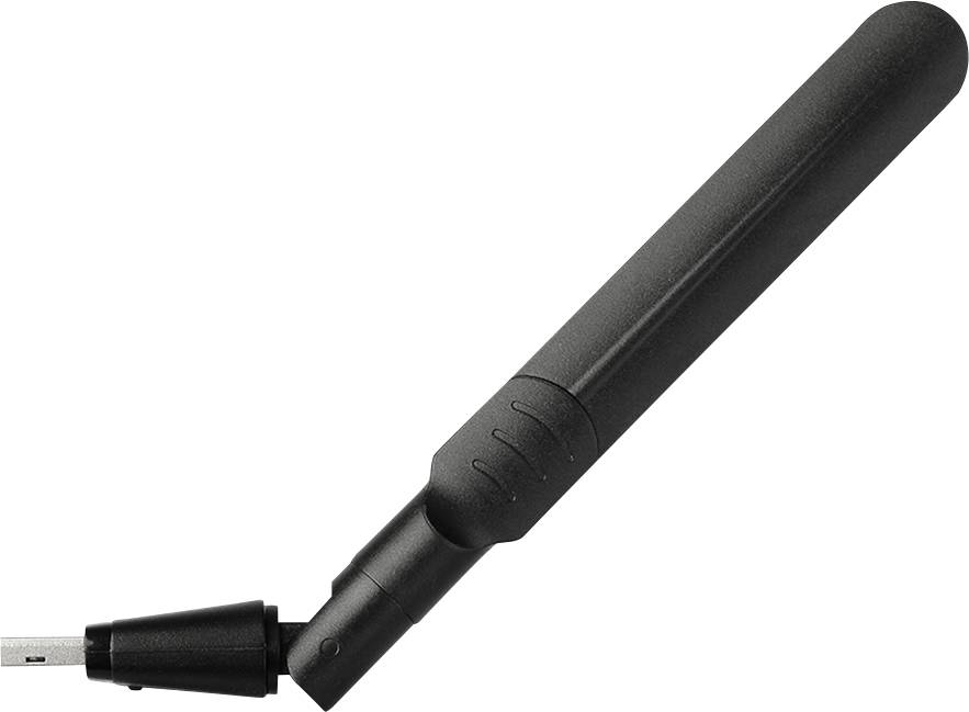 Eine schwarze WLAN-Antenne mit verstellbarem Winkel. Sie wird durch einen USB-Anschluss verbunden.