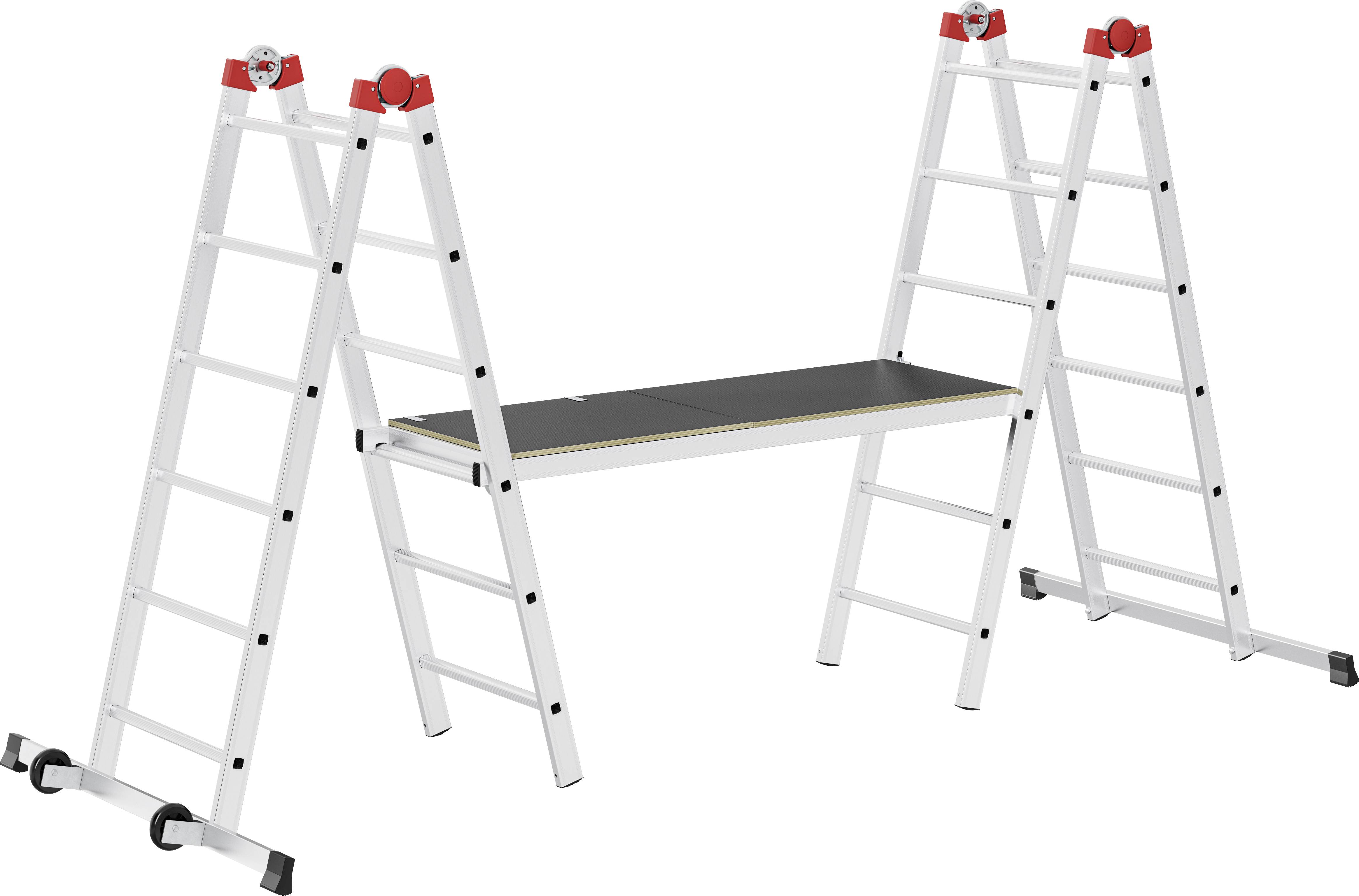 Aluleiter mit Plattform, freistehend, erweiterbar, mit roten Verschlüssen an den oberen Ecken.