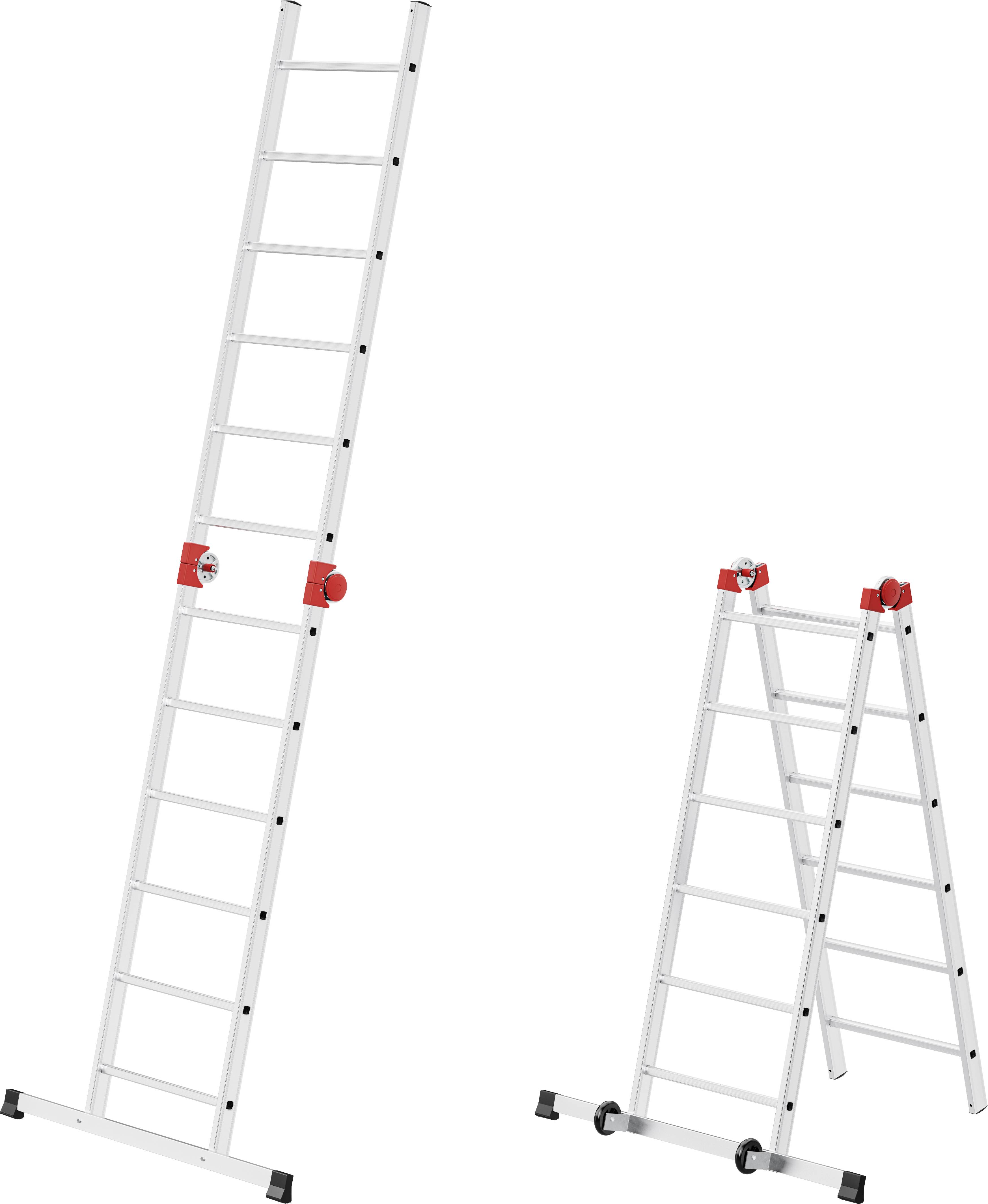 Zwei Teleskopleitern: Links in voller Länge ausgefahren, rechts in A-Position aufgestellt. Beide aus Aluminium mit roten Verschlüssen.