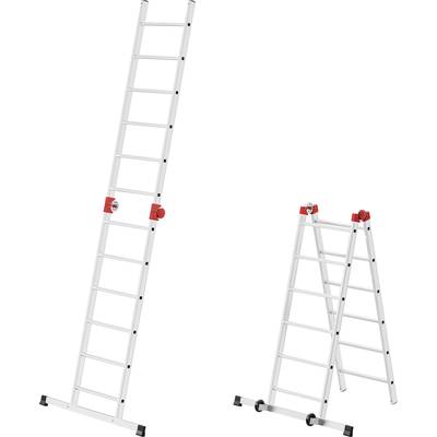 Zwei Teleskopleitern: Links in voller Länge ausgefahren, rechts in A-Position aufgestellt. Beide aus Aluminium mit roten Verschlüssen.