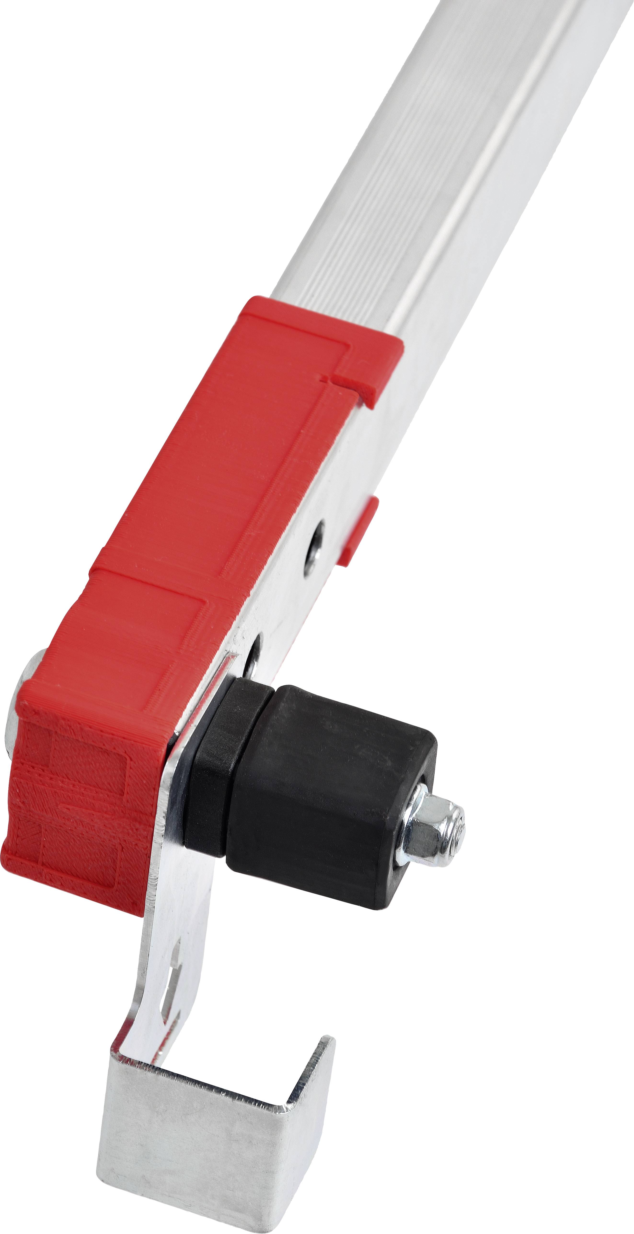 Ein verstellbarer Metallstab mit einem roten Kunststoffgriff und einem Haken am Ende, möglicherweise für industrielle Anwendungen.