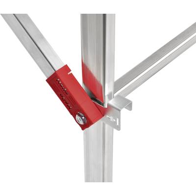 Metallkonstruktion mit rotem Gelenk, das zwei Aluminiumstreben verbindet. Stabiles, modernes Design für Bau- oder Montageanwendungen.