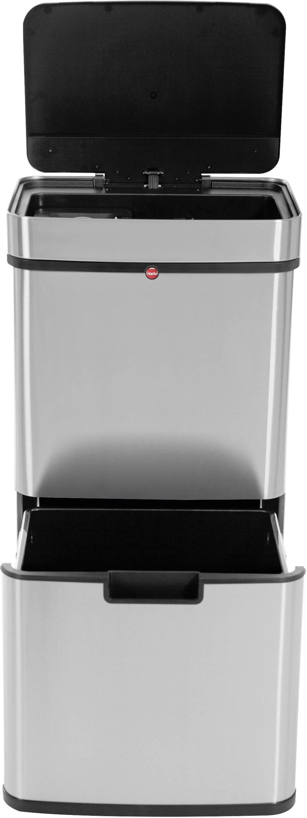 Ein silberner Abfalleimer mit zwei separaten Fächern, einer oben mit Deckel und einer unten mit Schublade, für Mülltrennung.