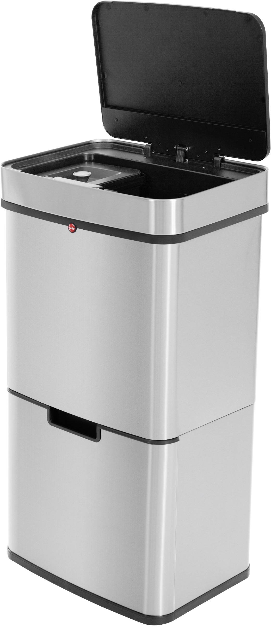 Ein silberfarbener Mülleimer mit offenem Deckel, rechteckig und modern designt, steht aufrecht.