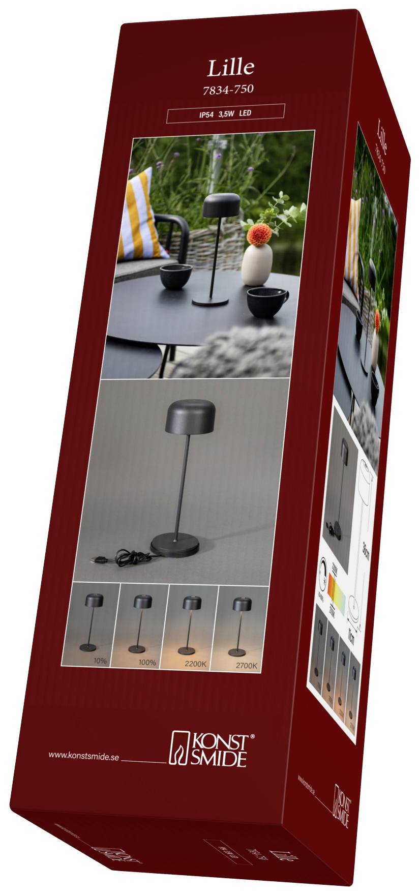 Verpackung einer LED-Tischlampe 'Lille', zeigt Lampe in Gebrauch, schwarze Farbe, dimmbar. Hersteller: Konstsmide.