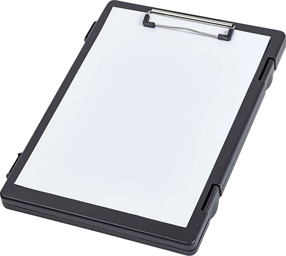Ein schwarzes Klemmbrett mit einem leeren Blatt Papier, bereit zum Schreiben oder für Notizen.