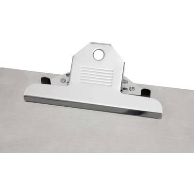 Ein Klemmbrett aus Metall, das leer ist. Ideal für das Schreiben oder Präsentieren von Dokumenten.