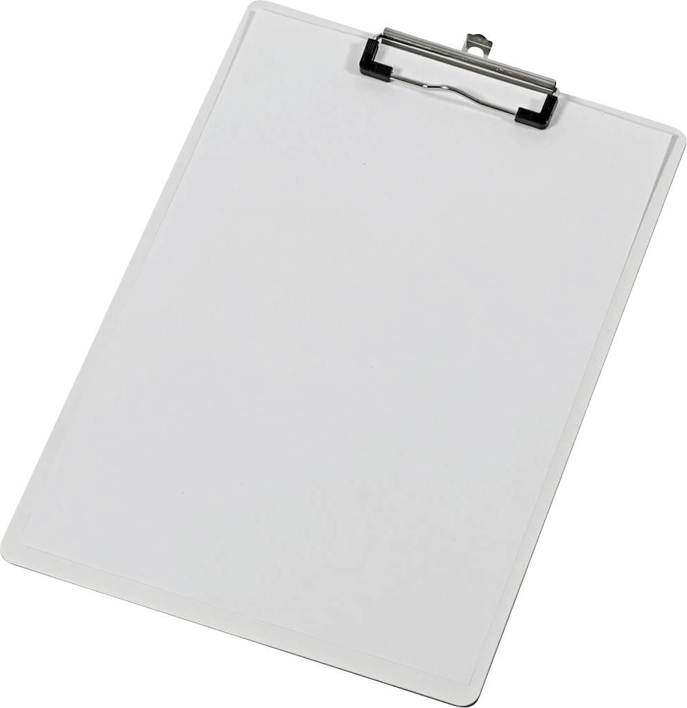 Ein leeres Klemmbrett aus Kunststoff mit Metallclip, schräg nach links geneigt.