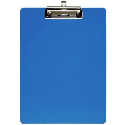 Ein blaues Klemmbrett mit einer Metallklammer oben zur Befestigung von Papier.
