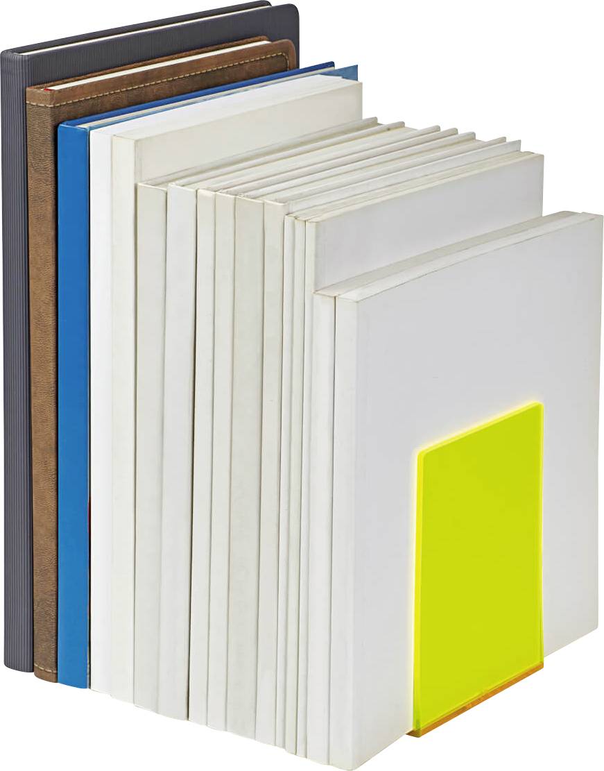 Eine Reihe von Büchern steht senkrecht nebeneinander, gestützt von einem gelben Buchstützelement auf der rechten Seite.