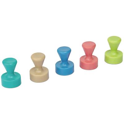 Fünf farbige Magnete in Form von Spielsteinen, nebeneinander aufgestellt: türkis, beige, blau, rot und grün. Ideal für Whiteboards.