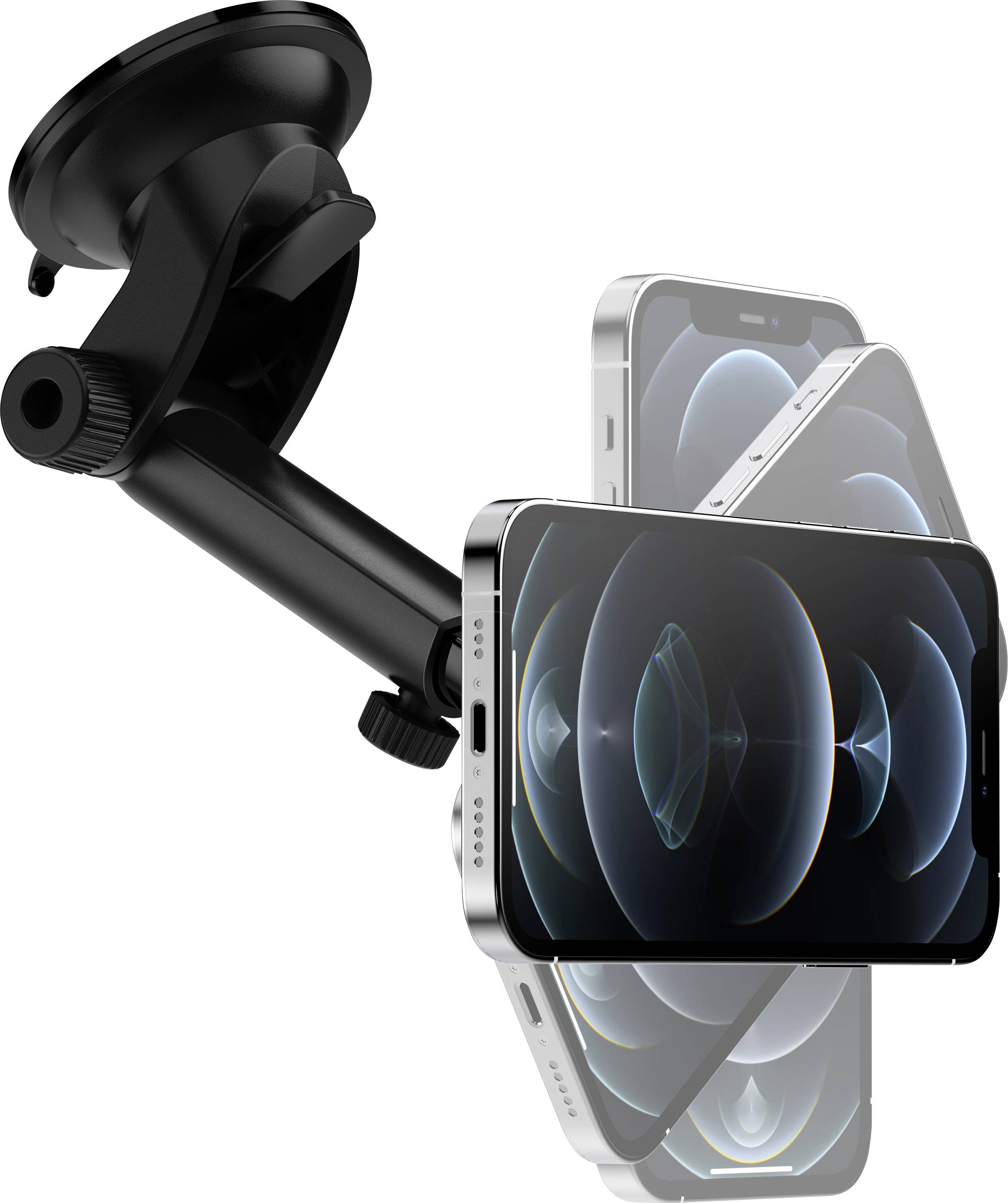 Schwarze Smartphone-Halterung mit Saugfuß, zeigt mehrere Rotationspositionen eines Smartphones. Ideal zur flexiblen Autonutzung.