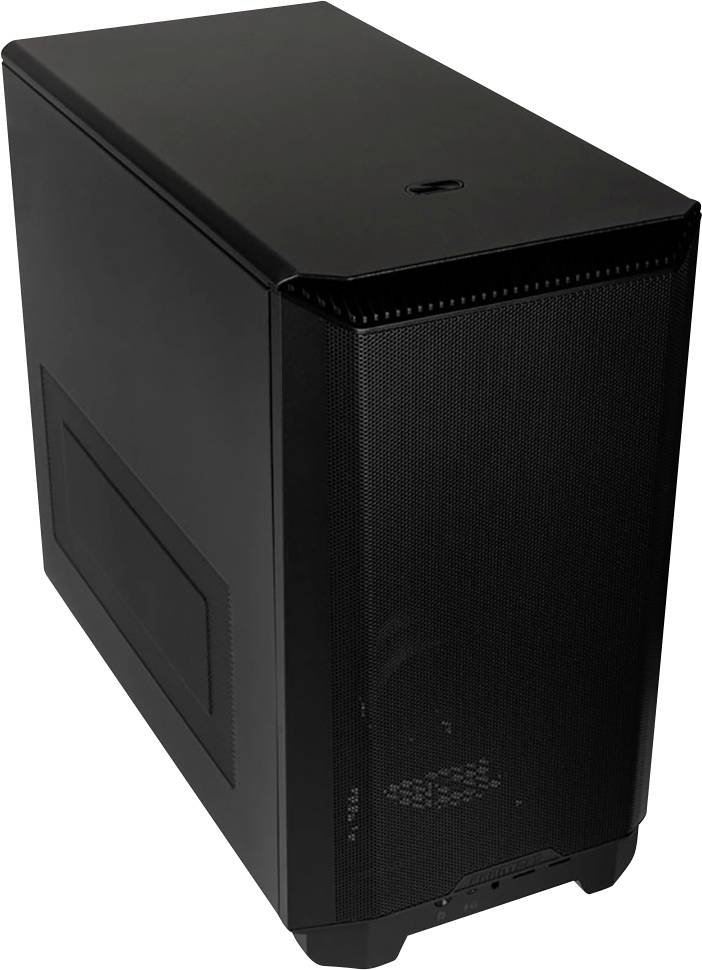 Schwarzes Computergehäuse mit schlichtem Design, leicht nach vorne geneigt. Keine Logos oder Aufkleber sichtbar.