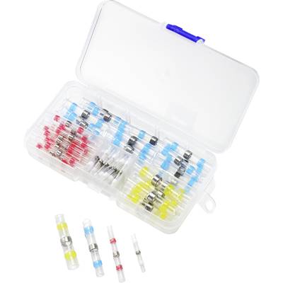 Geöffnete Plastikkiste mit verschiedenen Schrumpfverbindern in Rot, Blau, Gelb und Weiß, jeweils durchsichtige Röhrchen mit Metallringen.
