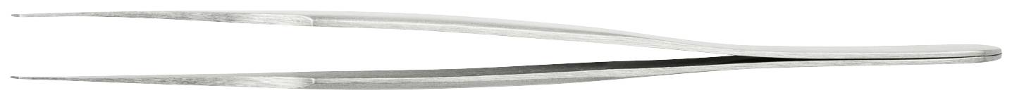 Pinzette aus Metall, flach und spitz zulaufend, auf weißem Hintergrund. Hauptsächlich verwendet für das Greifen kleiner Objekte in präzisen Anwendungen.