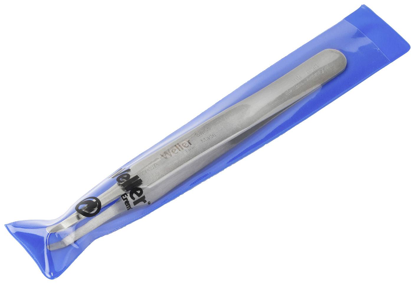 Eine silberne Pinzette in einer blauen Plastikhülle, mit dem Schriftzug 'Herlitz' darauf.