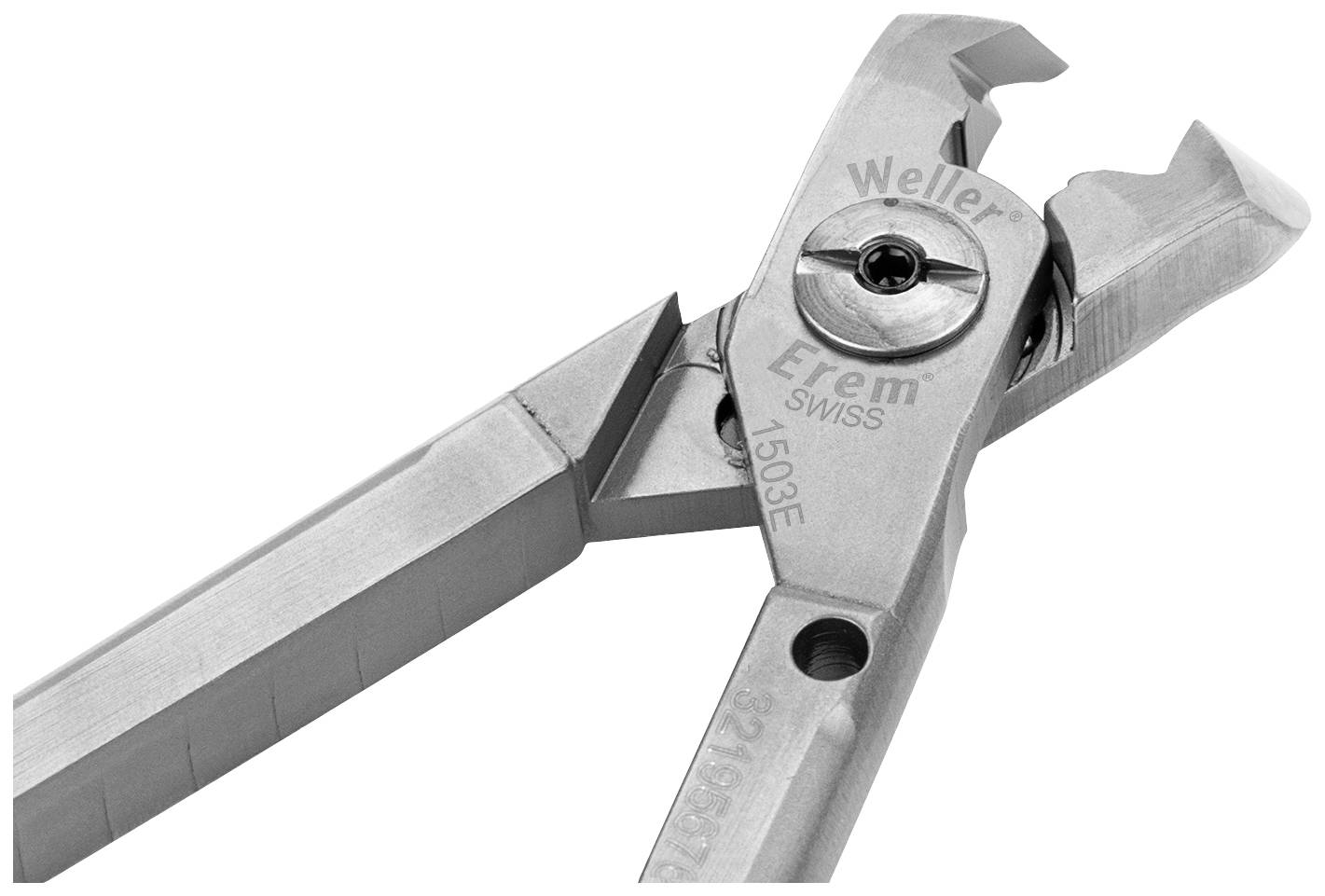 'Nahaufnahme einer Metallzange mit Erem- und Weller-Markierungen, zeigt einen präzisen Schnittmechanismus und ein robustes Design.'