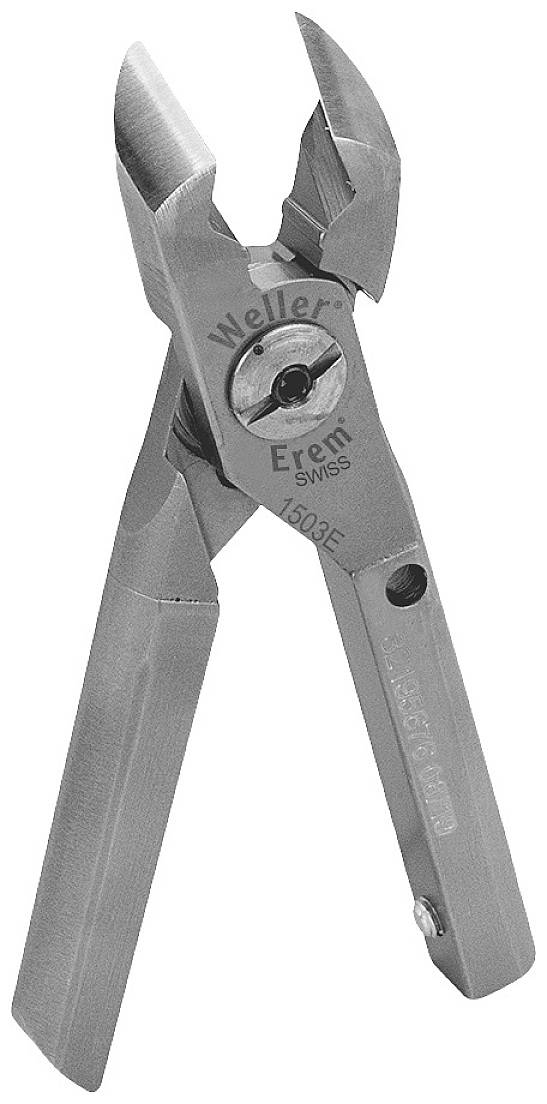 Eine Metallzange mit zwei Griffen und einer scharfen Schneidkante, geeignet für präzises Schneiden von Drähten oder kleinen Materialien.