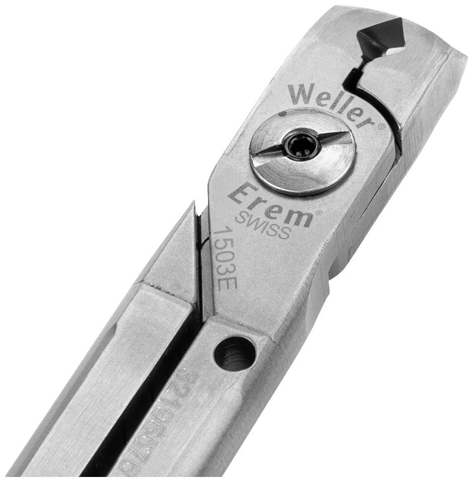 Zange von Weller Erem, Modell 1503E, gezeigt in einer Nahaufnahme. Sie verfügt über einen scharfen Schneidkopf und einen stabilen Griff.