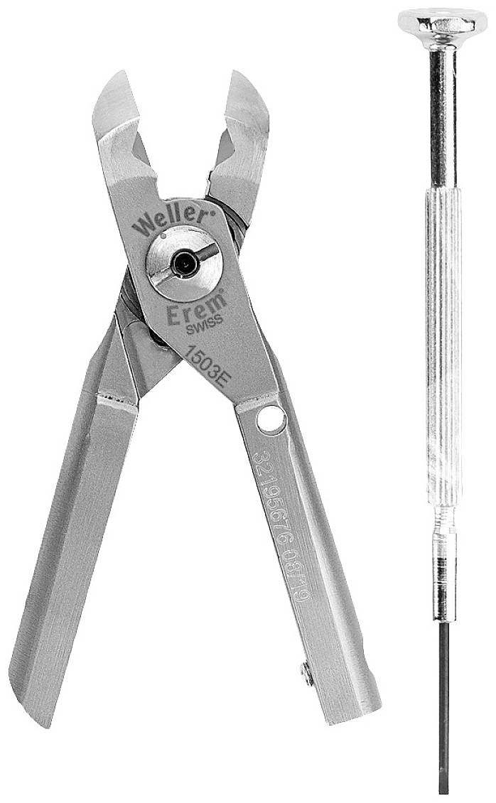 Eine silberne Zange neben einem kleinen Schraubendreher. Die Zange hat die Aufschrift 'Weller Erem 1503E'.