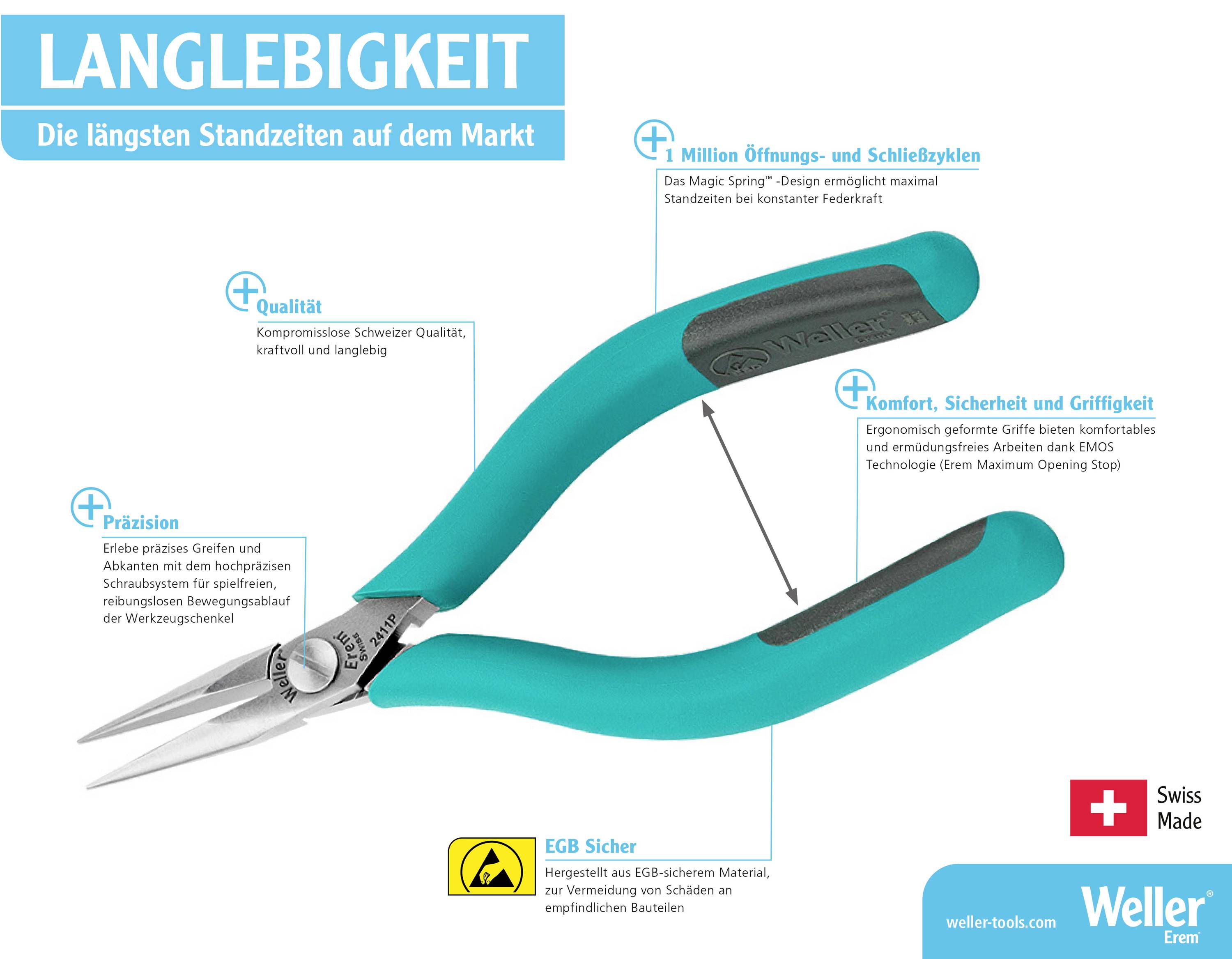 'Zange mit blauen Griffen und Sicherheitsmechanismus, betont auf Langlebigkeit, Präzision und Komfort. Geeignet für EGB-Anwendungen.'