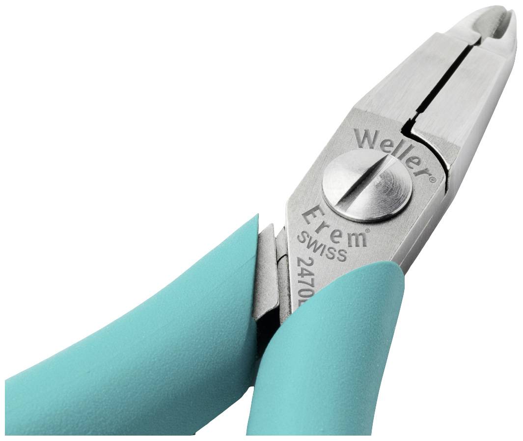 Nahaufnahme eines blauen Seitenschneiders mit silberner Klinge, graviert mit 'Weller Erem Swiss 2470'. Werkzeug für präzises Schneiden.