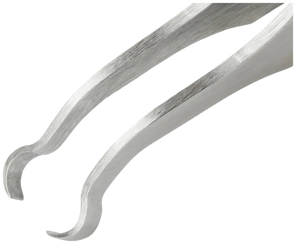 Eine Metallpinzette mit gebogenen Spitzen, verwendet für präzises Greifen kleiner Objekte in Labor- oder medizinischen Anwendungen.