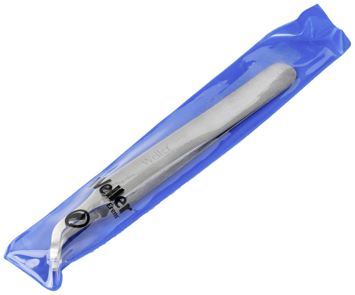 Silberne Pinzette in blauer Plastikhülle, mit der Aufschrift 'Weller'.