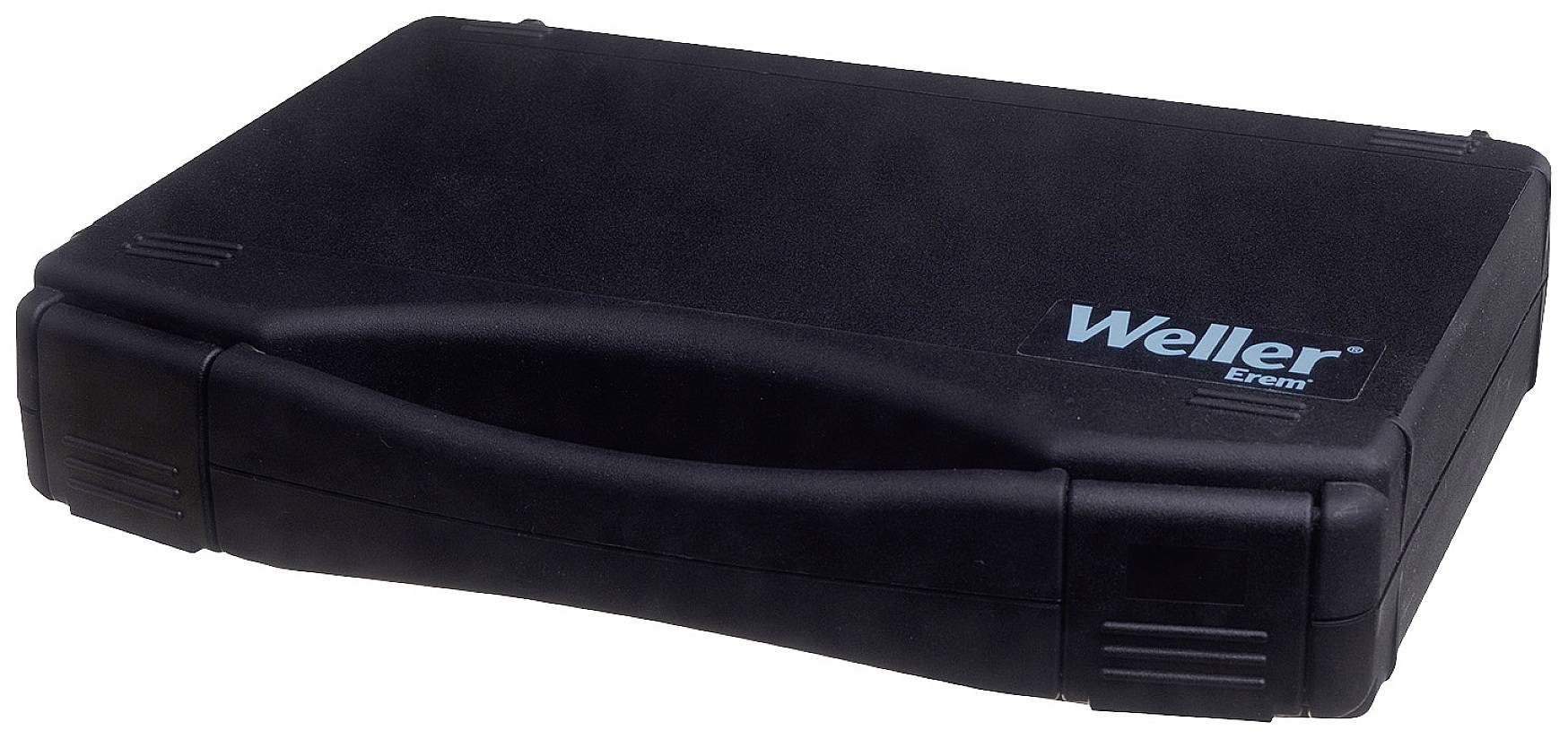 Schwarzer Werkzeugkoffer mit der Aufschrift 'Weller'. Das Etui ist geschlossen und für den Transport von Werkzeugen ausgelegt.