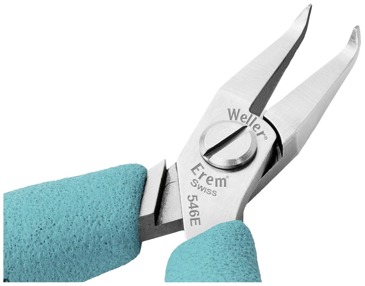 Nahaufnahme einer Zange mit türkisfarbenen Griffen und der Aufschrift 'Weller Erem Swiss 546E'. Ideal zum präzisen Schneiden geeignet.