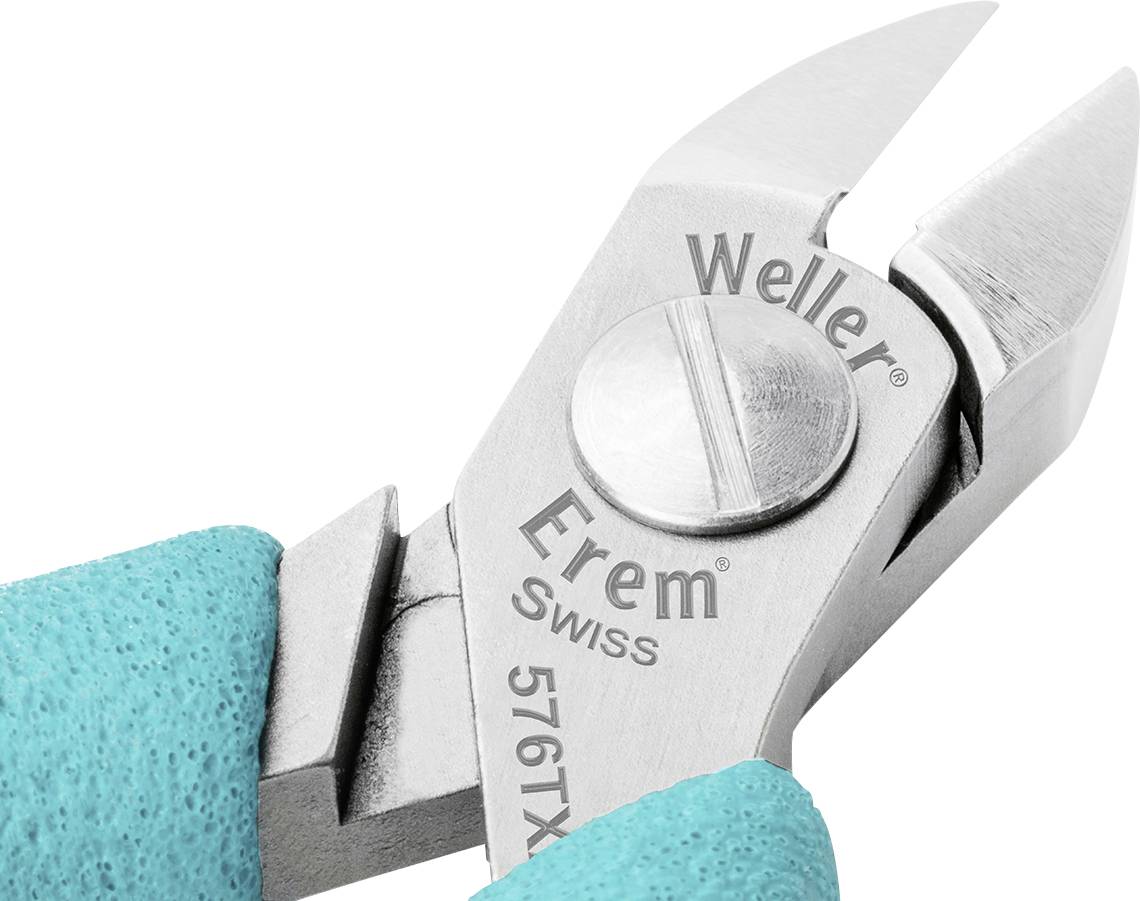 Zangenschneider mit 'Weller', 'Erem', 'Swiss' und '576TX' Aufdruck. Eine Hand hält das Werkzeug mit einem blaugrünen Handschuh.