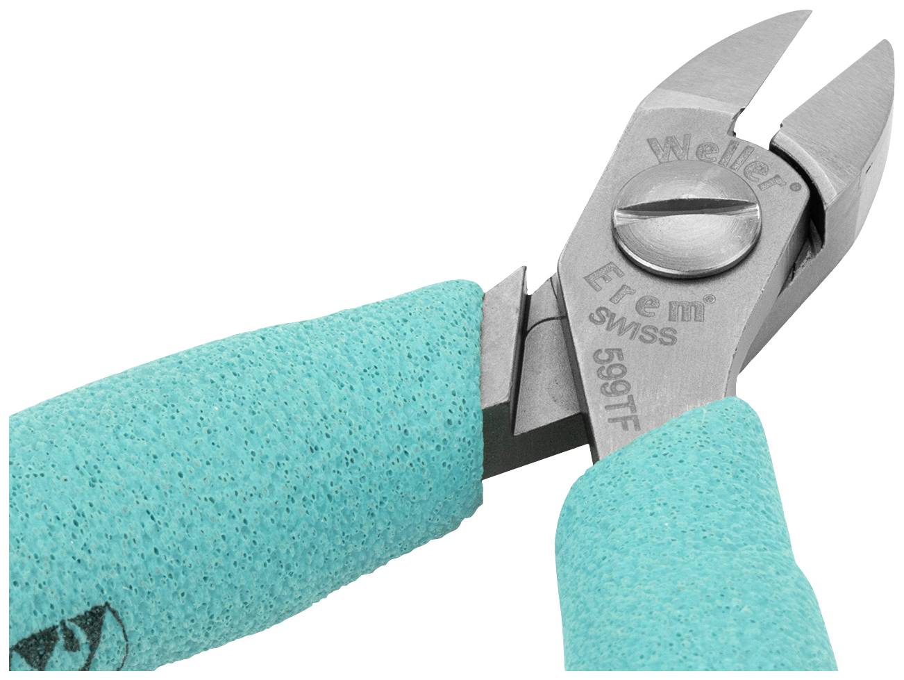 Zange mit türkisfarbenem Griff und silbernen Schneideklingen, geeignet zum präzisen Schneiden von Drähten oder kleinen Materialien.