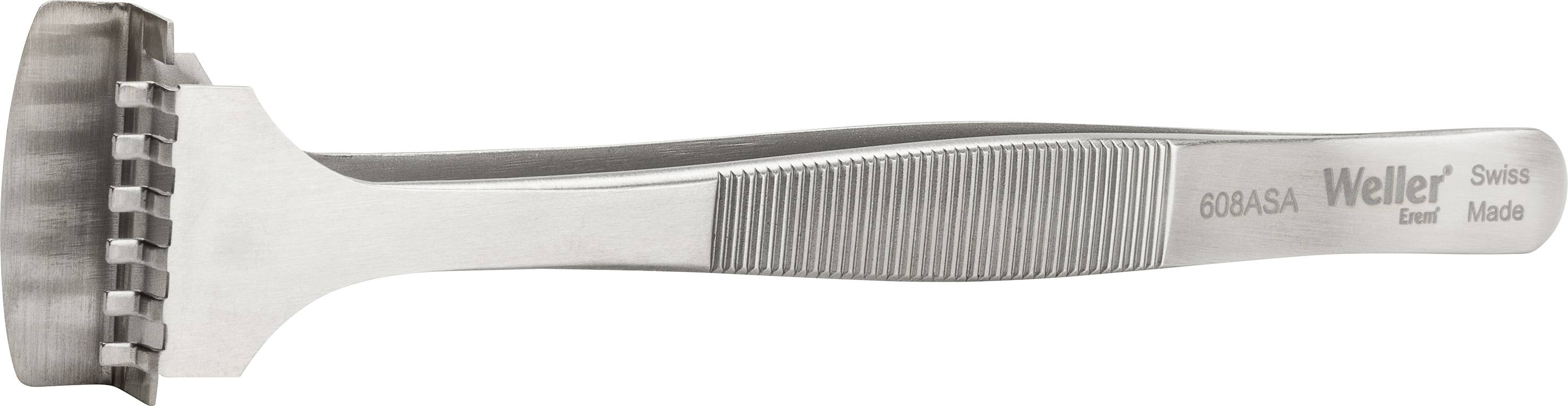Ein Metallwerkzeug mit gezacktem Kopf und geriffeltem Griff, beschriftet mit 'Weller Expert Swiss Made 60B/SA'.
