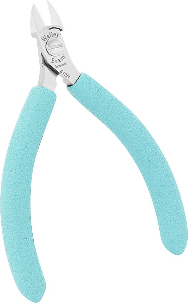 Zange mit türkisfarbenen Griffen und einer silbernen Schneidefläche. Markierung 'Weller Erem Swiss 576N' auf der Schneide.