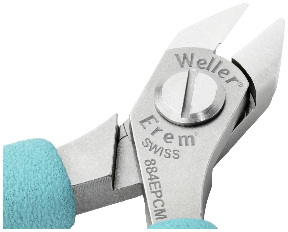 Nahaufnahme einer kleinen, türkisfarbenen Seitenschneiderzange aus Metall mit der Aufschrift 'Weller Erem Swiss 884EPC'.