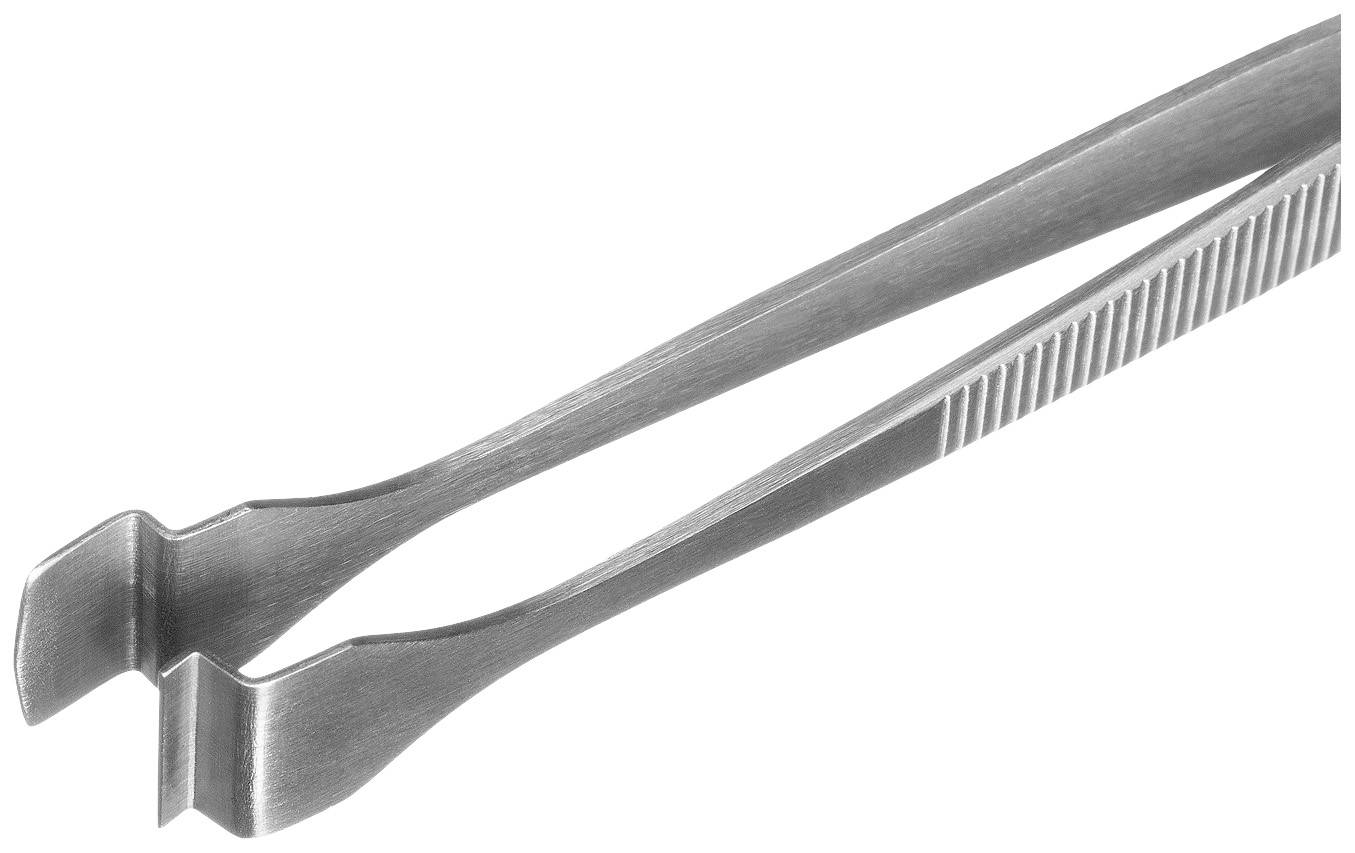 Eine Metallpinzette mit geriffeltem Griff liegt auf weißem Hintergrund.