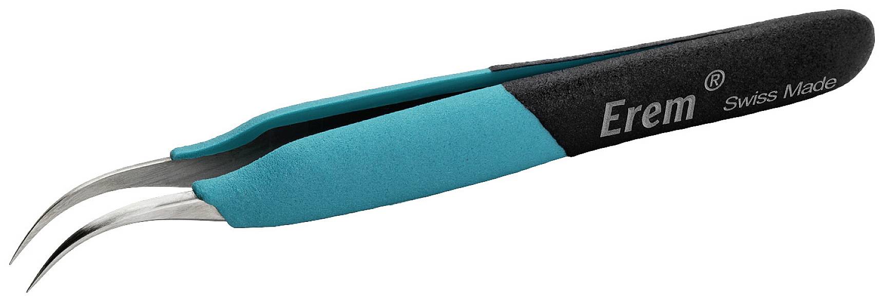 Pinzette mit gebogenen Spitzen und blau-schwarzem Handgriff, beschriftet mit 'Erem Swiss Made'. Geeignet für präzise Arbeiten.