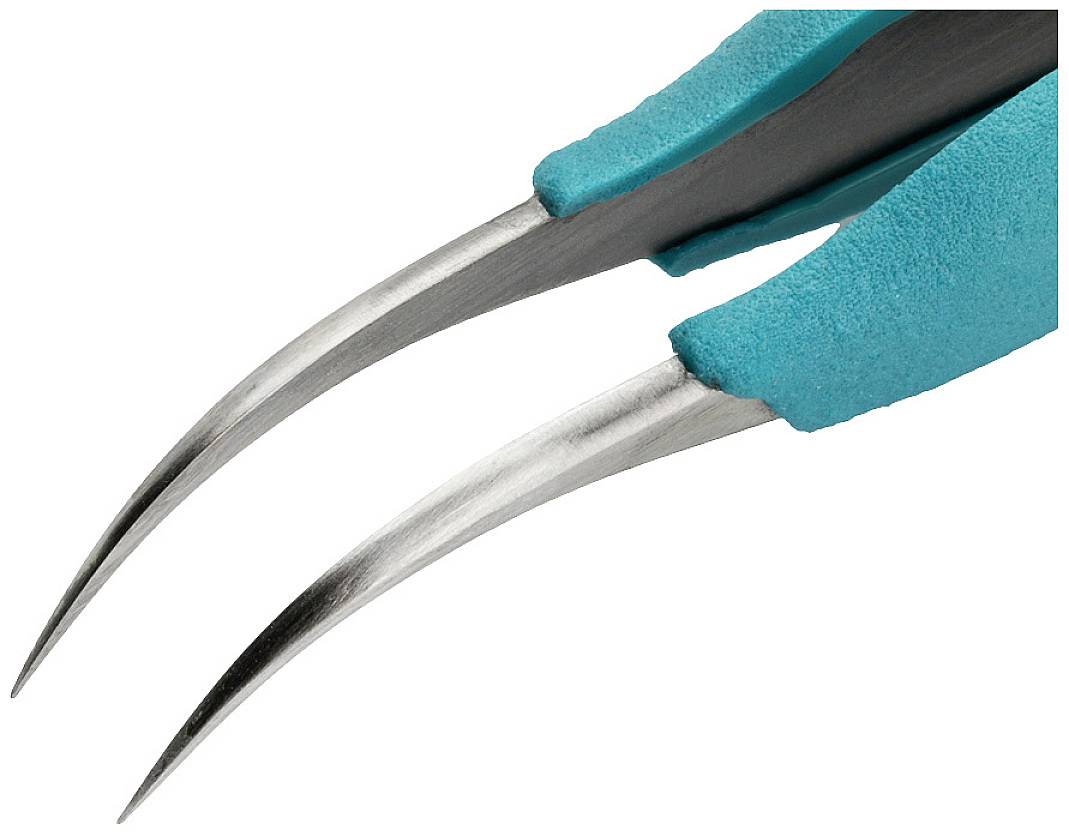 Zwei gebogene Metallwerkzeuge mit blauen Griffen, möglicherweise zum Greifen oder Halten kleiner Objekte verwendet.