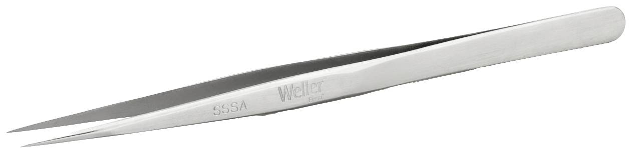 Eine silberne Metallpinzette mit spitzen Enden, seitlich mit 'Weller' und 'SS-SA' graviert. Geeignet für präzise Arbeiten.