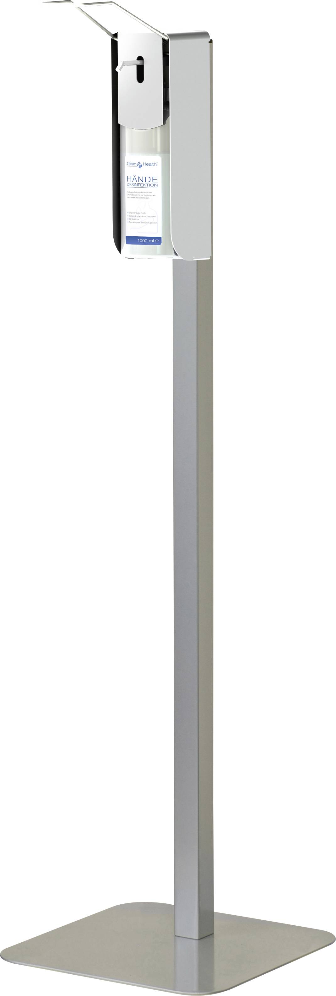 Ein freistehender Handdesinfektionsmittelspender aus Metall mit einer Flasche Desinfektionsmittel, geeignet für öffentliche Bereiche.