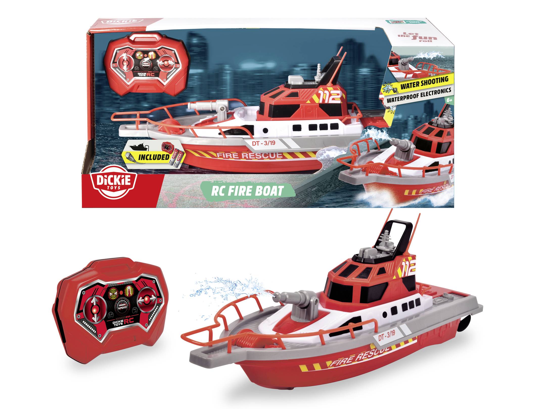 Ferngesteuertes Feuerlöschboot mit Fernbedienung. Features: Wasserspritzen, wasserdichte Elektronik. Verpackung zeigt Design und Funktionen.