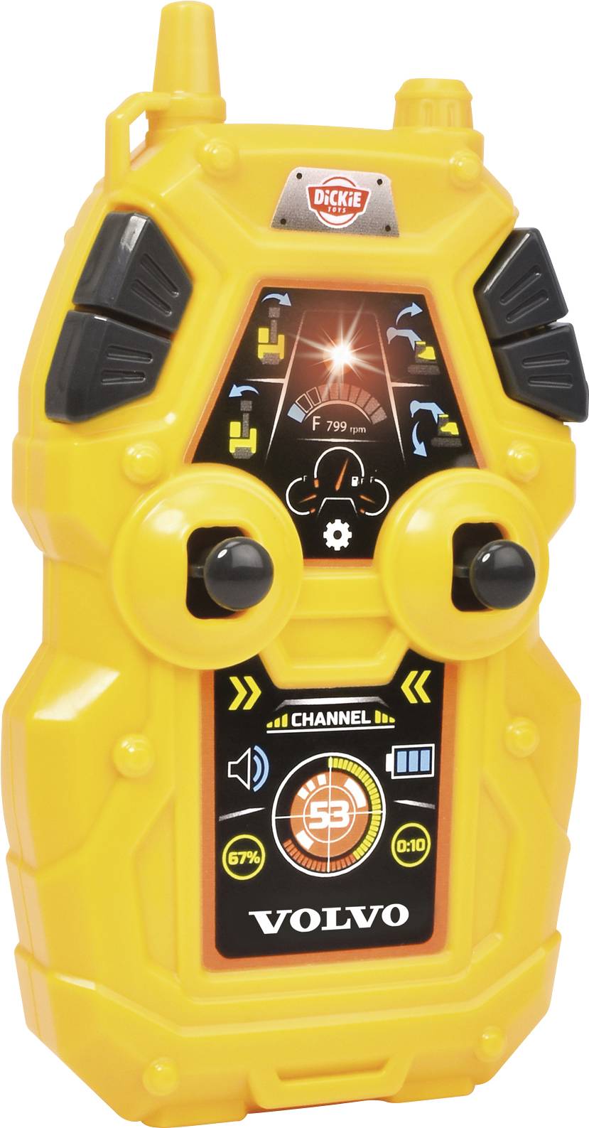 Ein gelbes Spielzeug-Walkie-Talkie-Modell mit Knöpfen und Aufdrucken im Volvo-Design, inklusive Antenne und Lautsprechern.