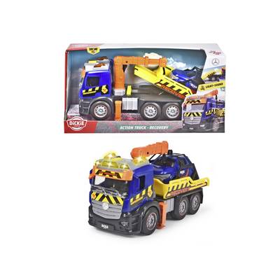 Ein Spielzeug-Abschleppwagen mit leuchtenden gelben Lichtern und beweglichem Kran, präsentiert vor seiner Verpackung.
