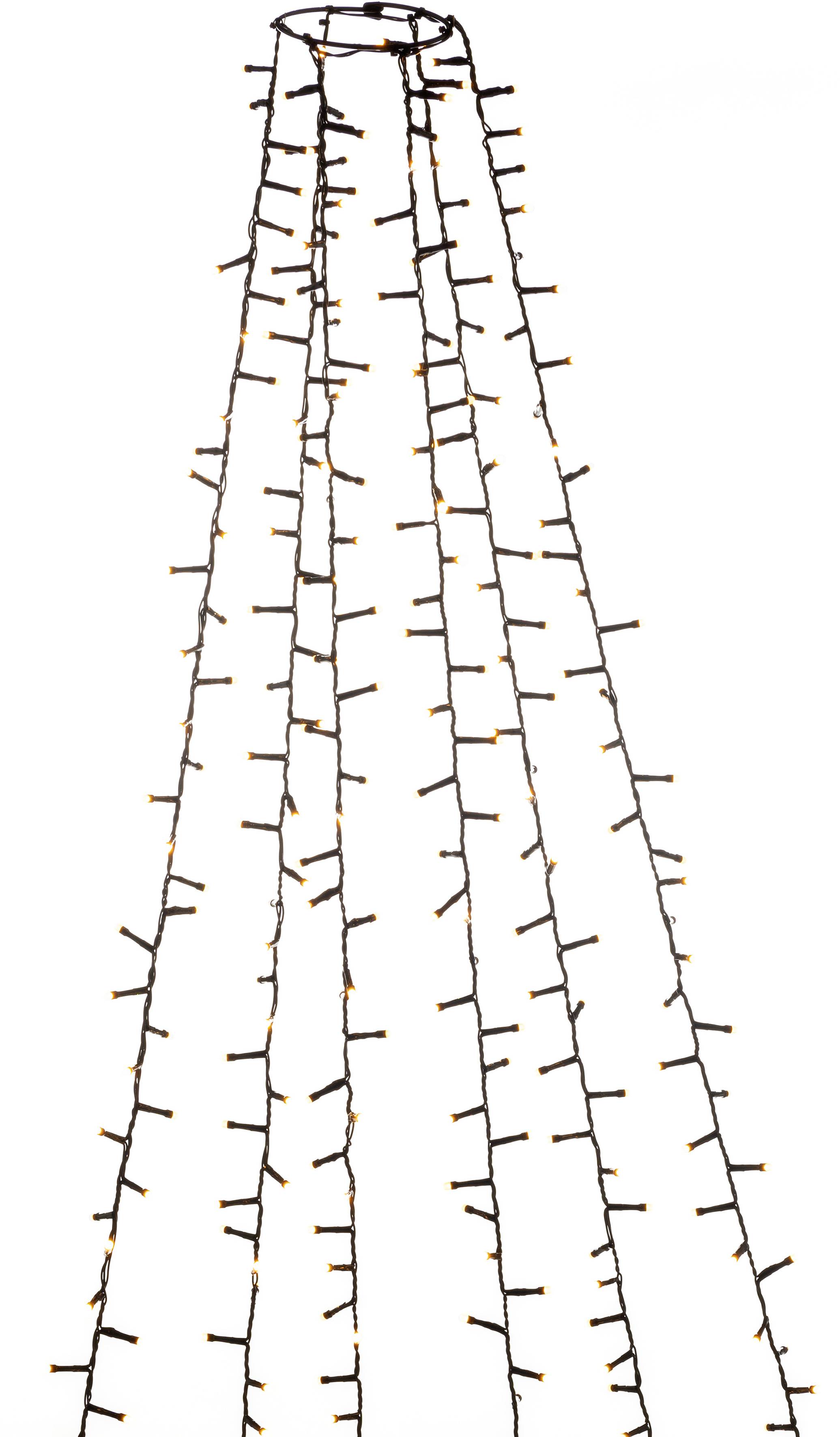 Eine Lichterkette in Pyramidenform, geeignet für festliche Dekorationen. Viele kleine Lichter sind gleichmäßig entlang der Fäden verteilt.