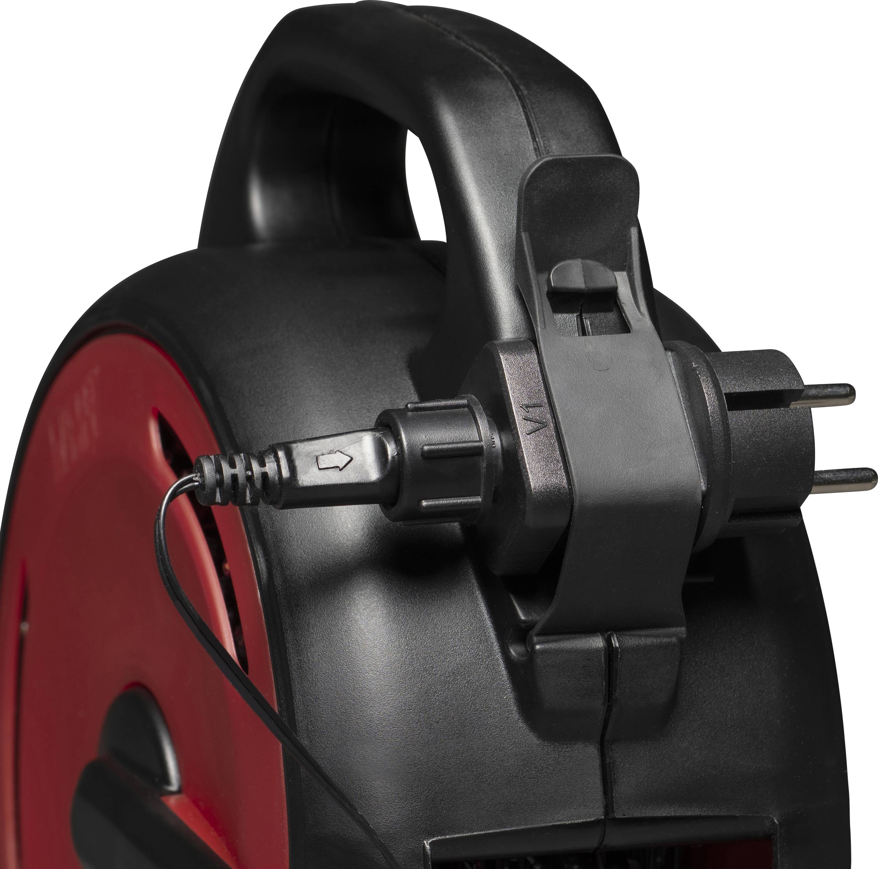 Ein aufgerolltes Verlängerungskabel mit einer Steckdose und einem schwarzen Kabel. Geeignet für den Innen- und Außenbereich.