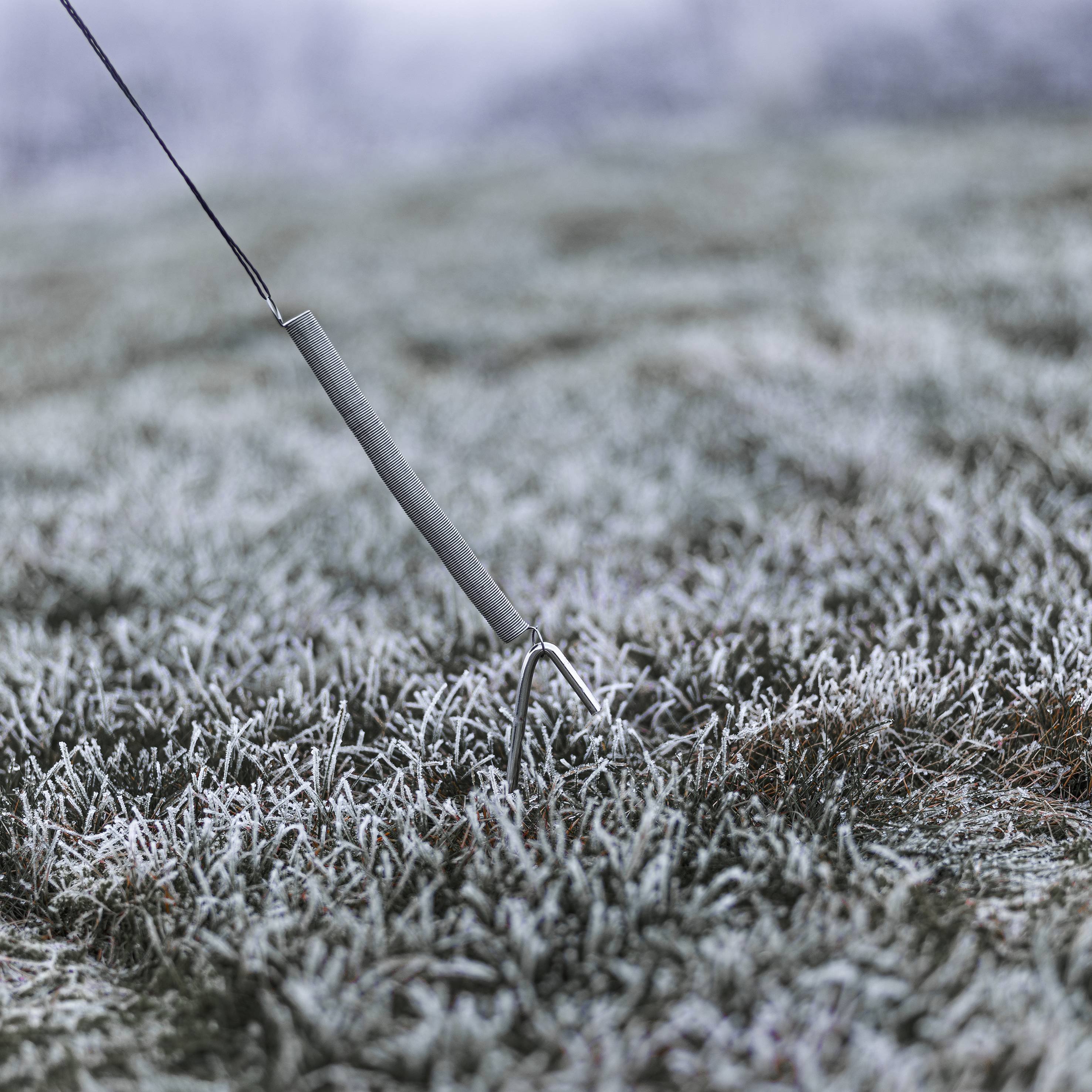Ein einzelner Angelhaken steckt im gefrorenen Gras eines Feldes. Die Umgebung ist unscharf und neblig, was eine kalte Stimmung erzeugt.