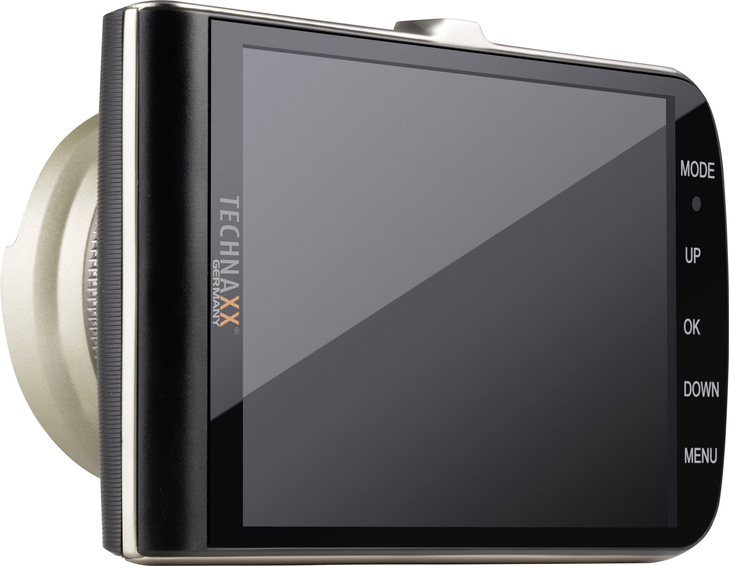 Eine schwarze Digitalkamera seitlich gezeigt, mit einem großen Display und Bedientasten auf der rechten Seite: 'Mode', 'Up', 'OK', 'Down', 'Menu'.