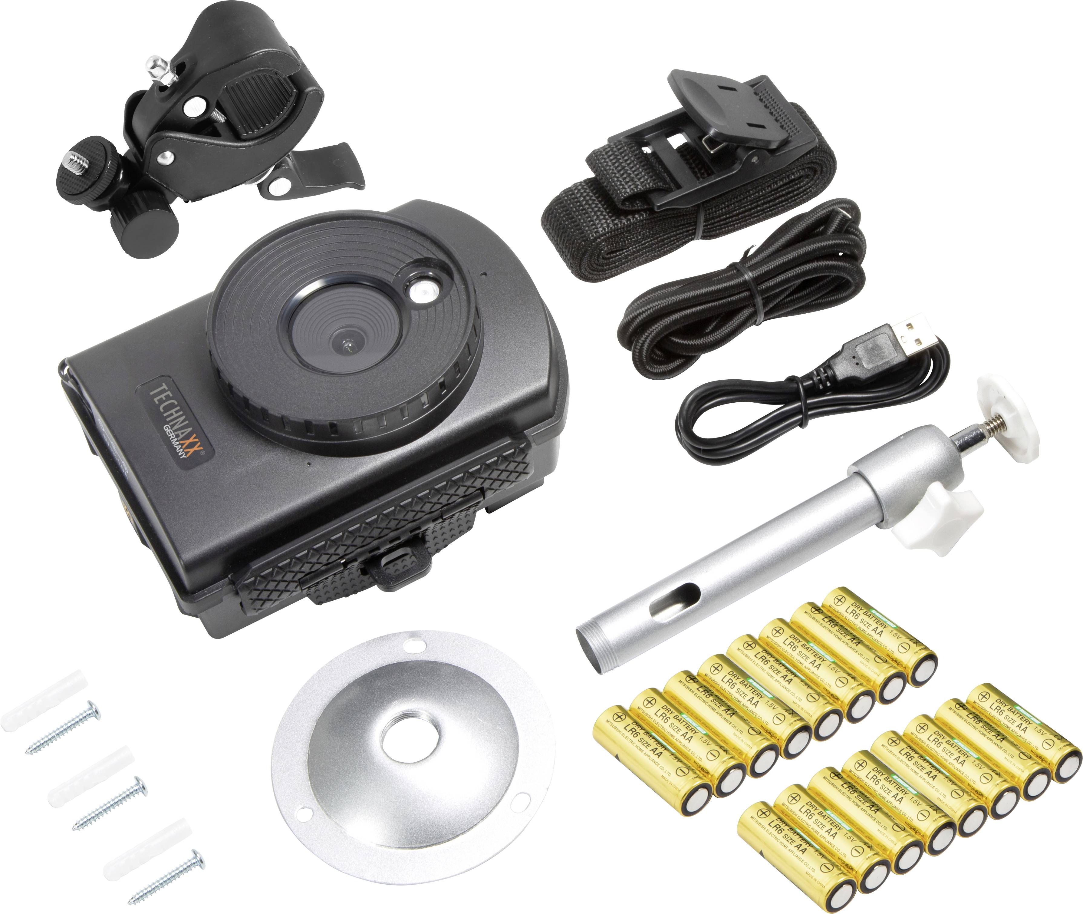 Kameraausrüstungssatz mit einer Action-Kamera, Halterungen, Batterien, USB-Kabel und Schrauben, für Outdoor-Sportarten geeignet.